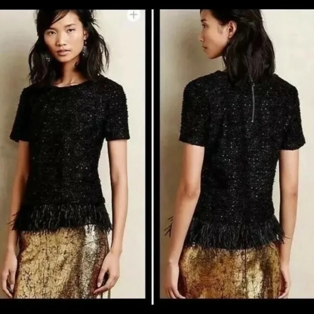 NWOT Anthropologie Deletta black tweed top feathers trim XS cocktail new party - Picture 1 of 8